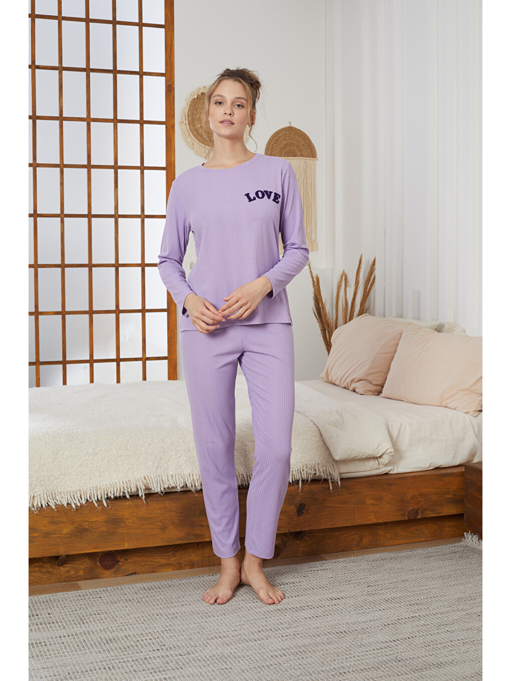 Lila Love Nakışlı Fitilli Örme Pijama Takım25226001-1