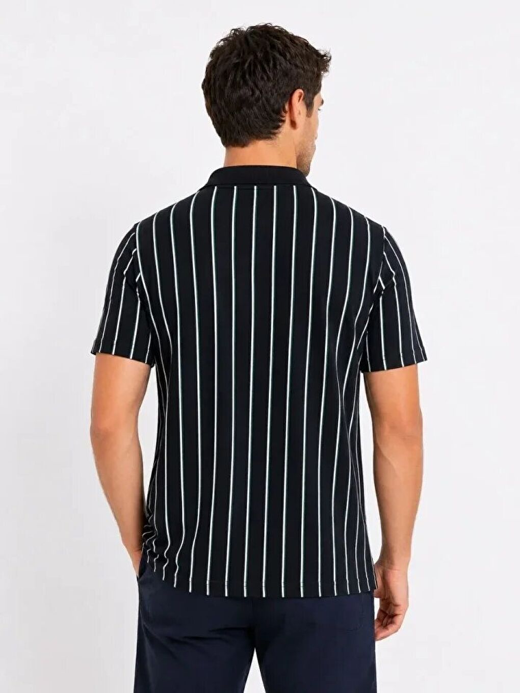 Erkek Pike Kumaş Çizgili Polo Yaka Tişört Kısa Kol Yazlık T-Shirt - Siyah-2