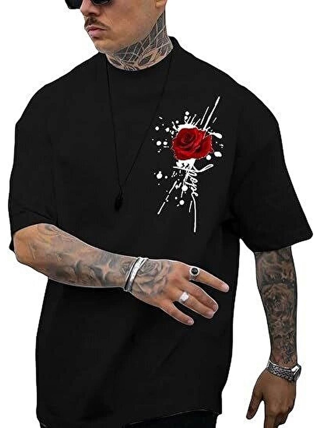 Erkek Bisiklet Yaka Kısa Kol Baskılı T-shirt - Siyah