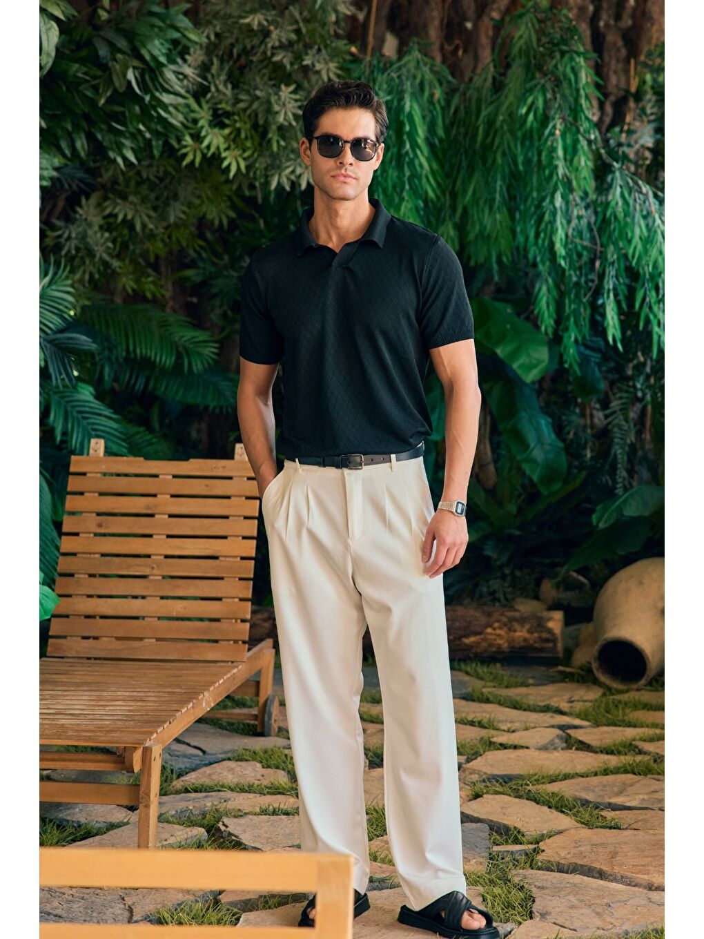 Siyah Onor Erkek Kendinden Desenli Polo Yaka Triko Tişört Geniş Kalıp Hafif Doku-3