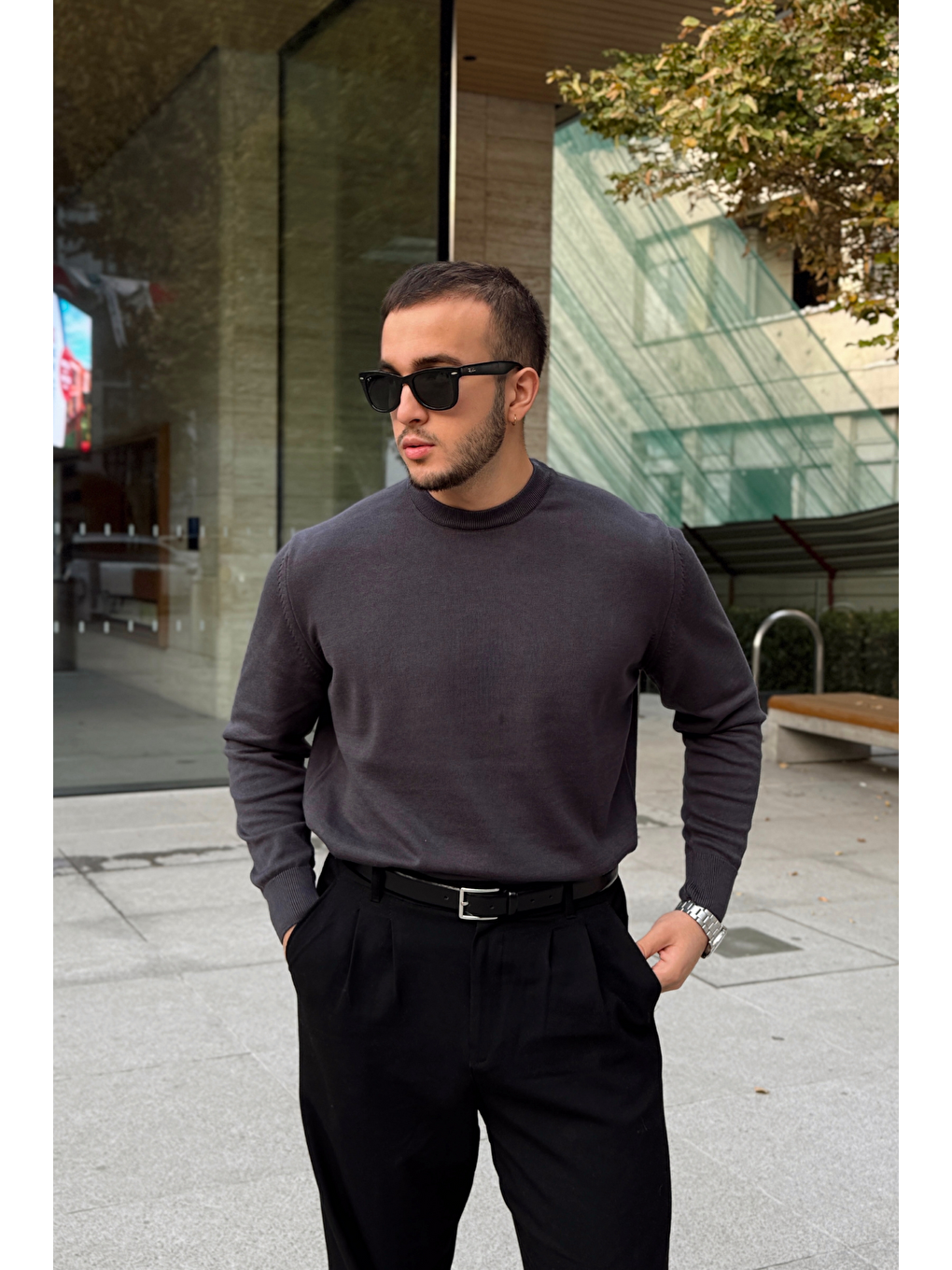 Antrasit Acton Erkek %100 Organik Pamuk Bisiklet Yaka Triko Kazak-1