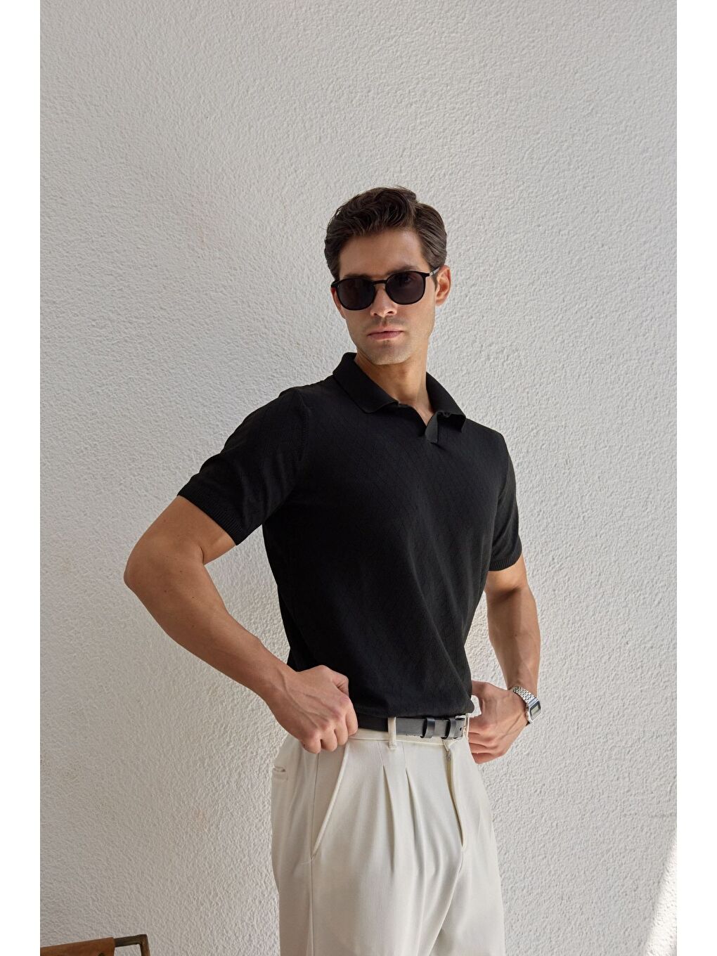 Siyah Onor Erkek Kendinden Desenli Polo Yaka Triko Tişört Geniş Kalıp Hafif Doku-4