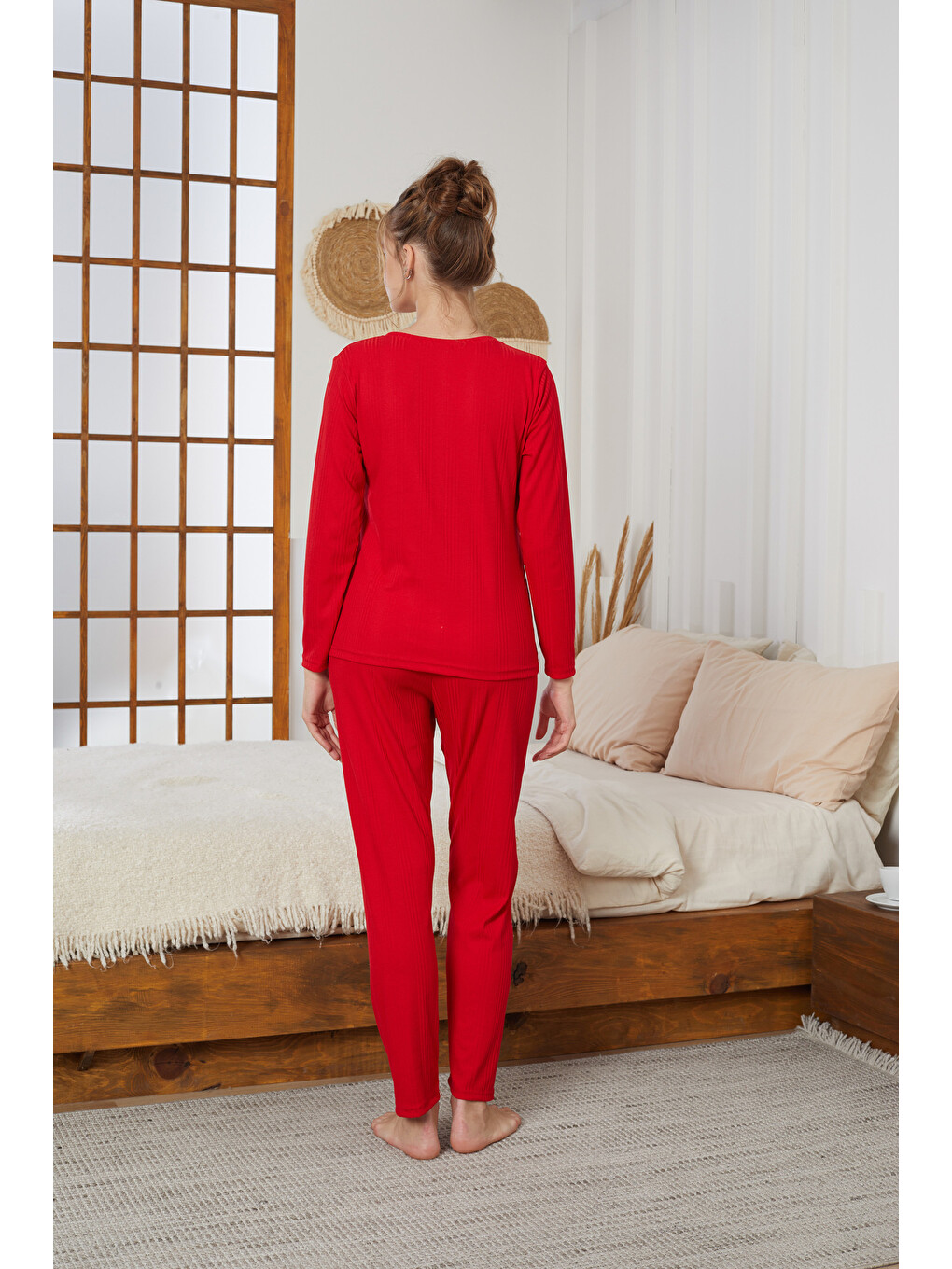 Kırmızı Love Nakışlı Fitilli Örme Pijama Takım25226001-2