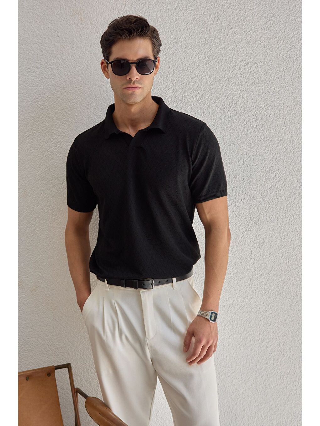 Siyah Onor Erkek Kendinden Desenli Polo Yaka Triko Tişört Geniş Kalıp Hafif Doku-5