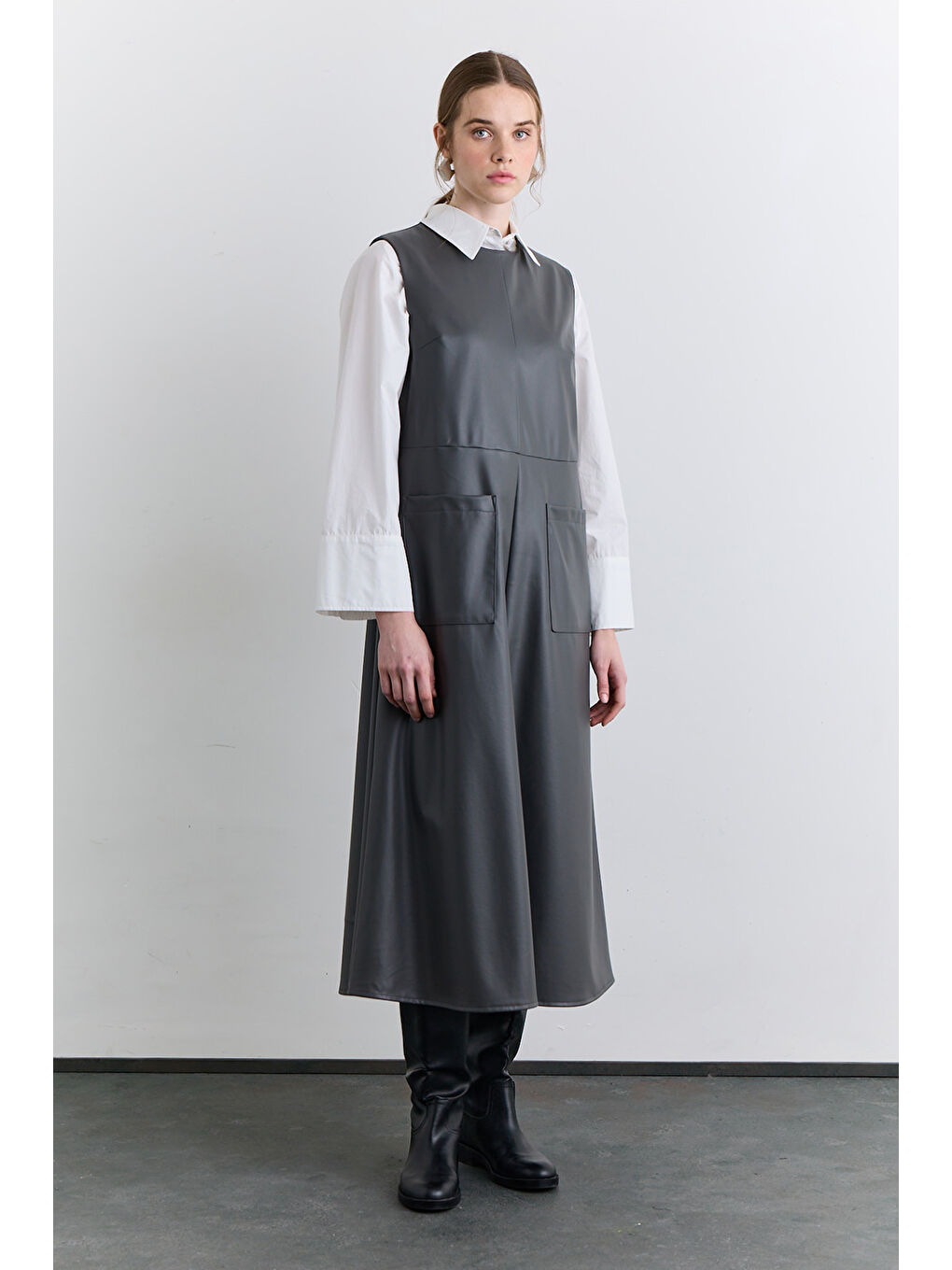 Cep Detaylı Deri Elbise Gri-1