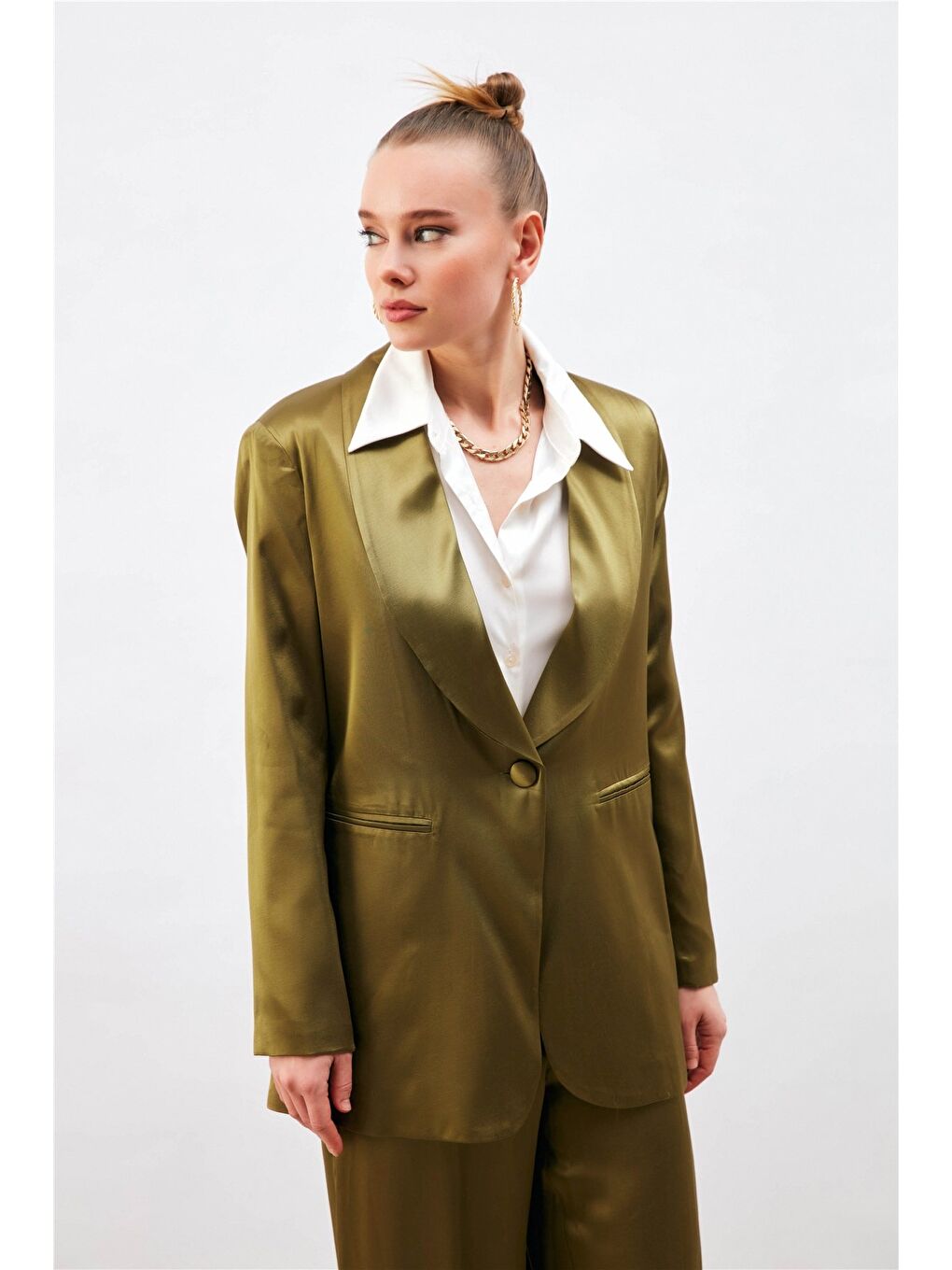 Şal Yaka Saten Ceket - Haki