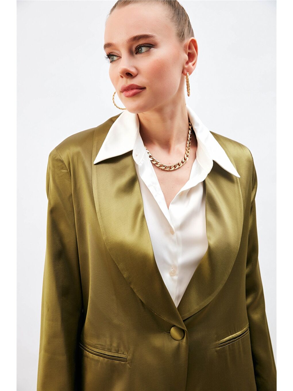 Şal Yaka Saten Ceket - Haki-1