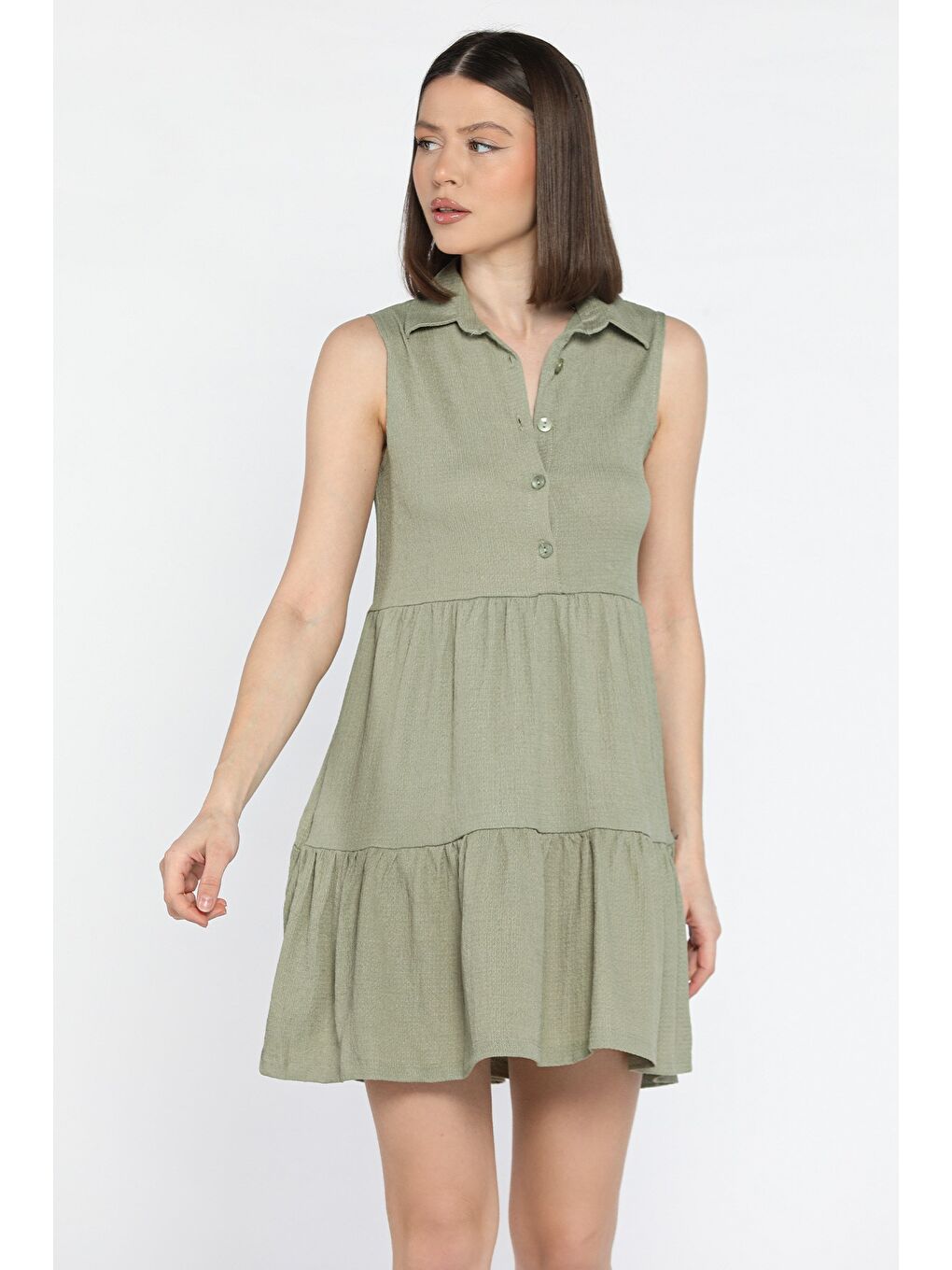 Haki Kadın Polo Yaka Ön Düğmeli Fırfırlı Elbise