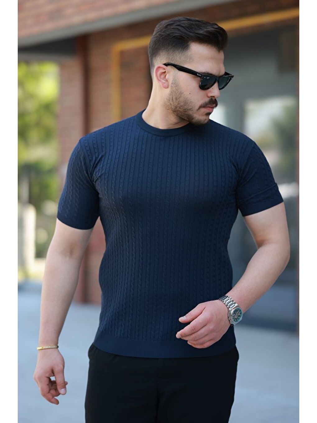 Lacivert Erkek Bisiklet Yaka örgü Desenli Kısa örme Triko Kısa Kollu T-shirt