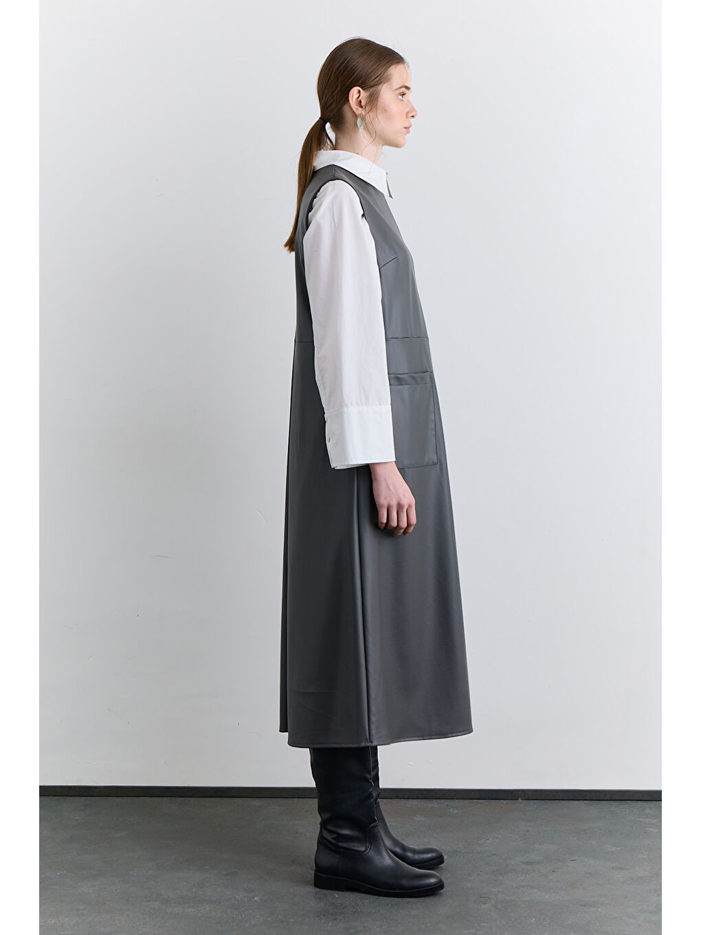 Cep Detaylı Deri Elbise Gri-2