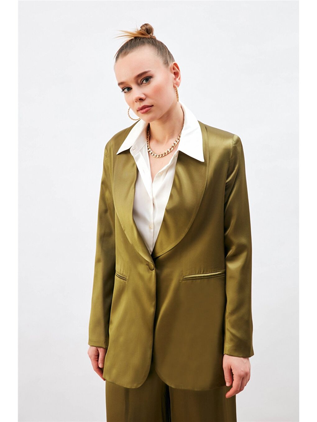 Şal Yaka Saten Ceket - Haki-2