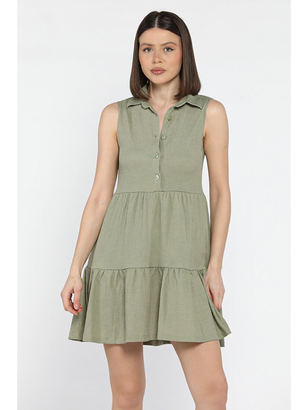 Haki Kadın Polo Yaka Ön Düğmeli Fırfırlı Elbise-1