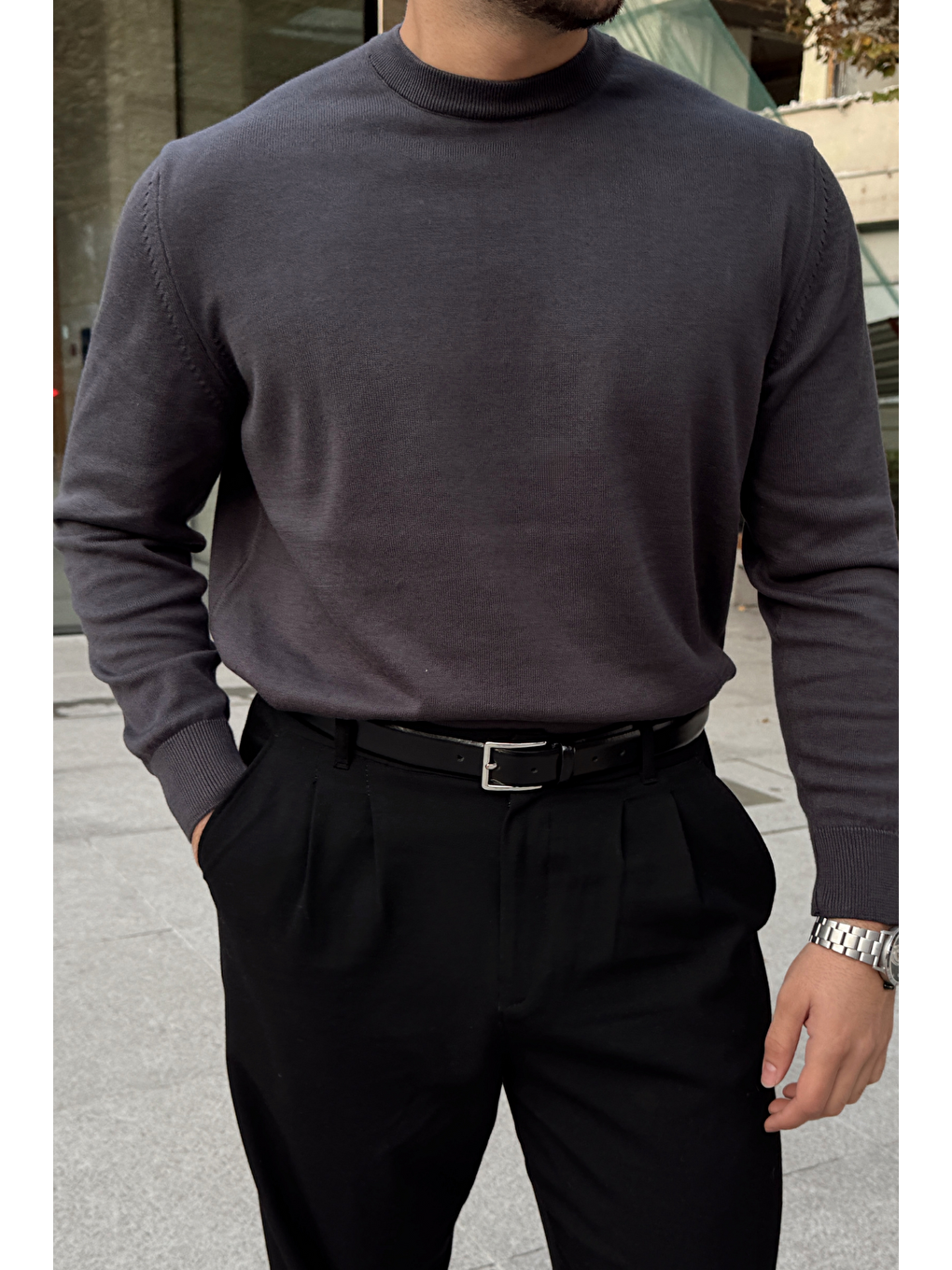 Antrasit Acton Erkek %100 Organik Pamuk Bisiklet Yaka Triko Kazak-3