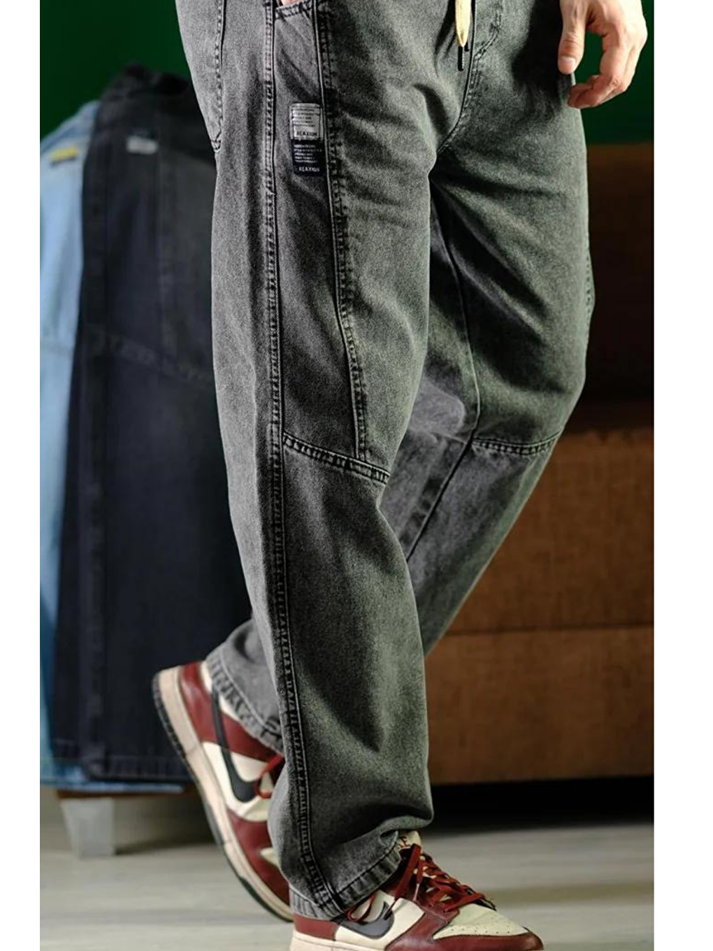 Gri Erkek Füme Bel Lastikli Bağcıklı Baggy Fit Jean Pantolon-1