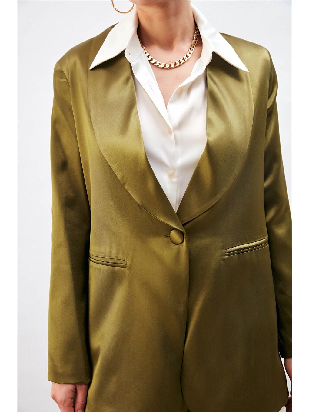 Şal Yaka Saten Ceket - Haki-4