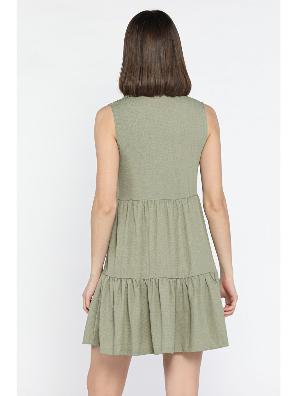 Haki Kadın Polo Yaka Ön Düğmeli Fırfırlı Elbise-2