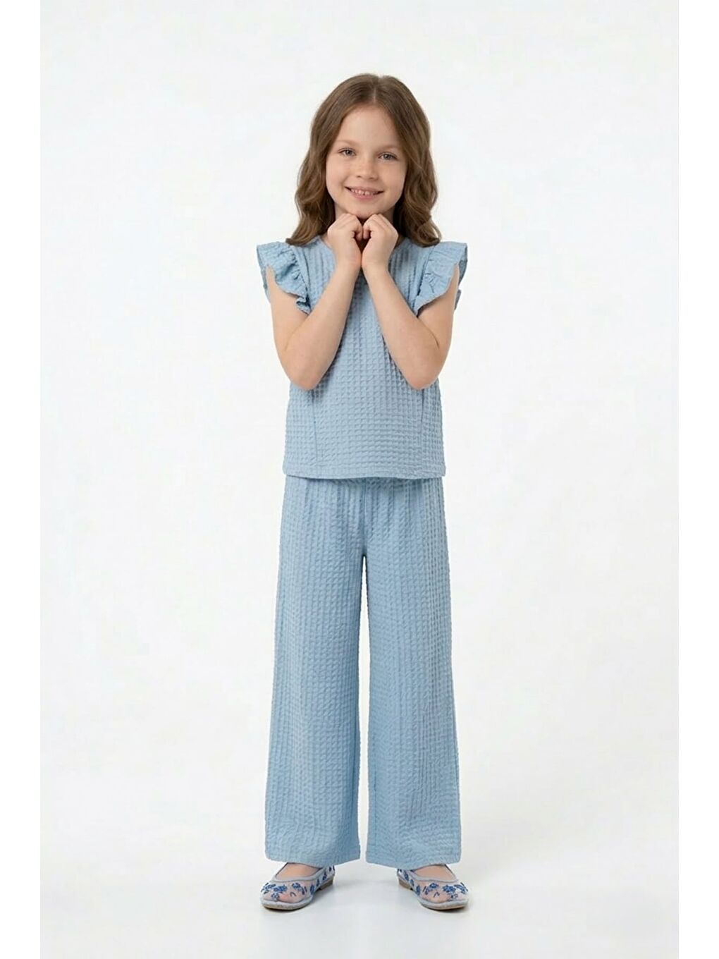 Mavi Kolu Fırfırlı Dokulu Kız Çocuk 2 Li Takım-1