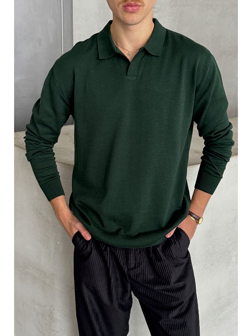 Yeşil Erkek Pamuklu Polo Yaka Oversize Triko Kazak-1