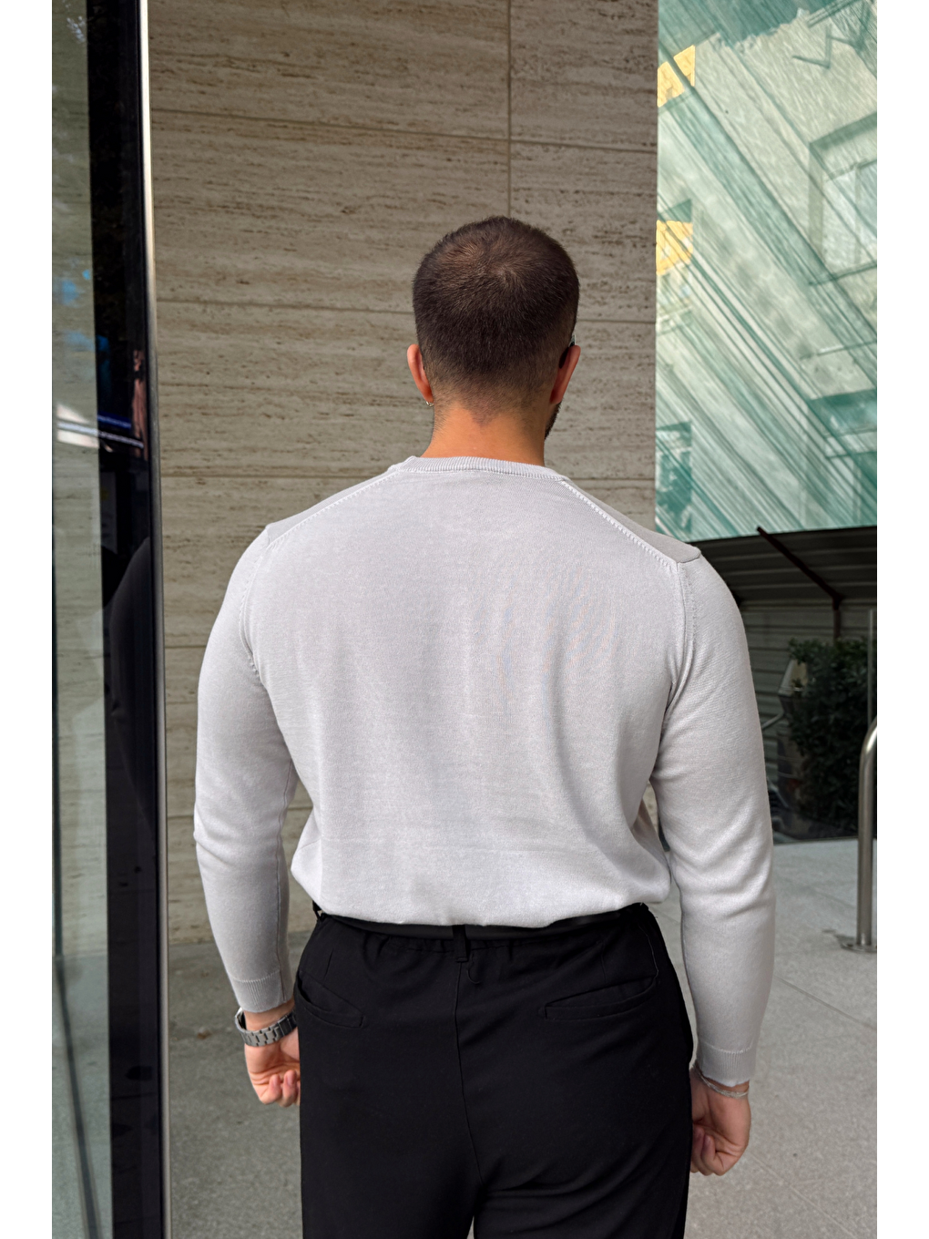 Gri Acton Erkek %100 Organik Pamuk Bisiklet Yaka Triko Kazak-3