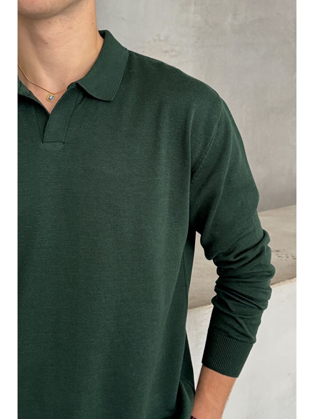 Yeşil Erkek Pamuklu Polo Yaka Oversize Triko Kazak-2