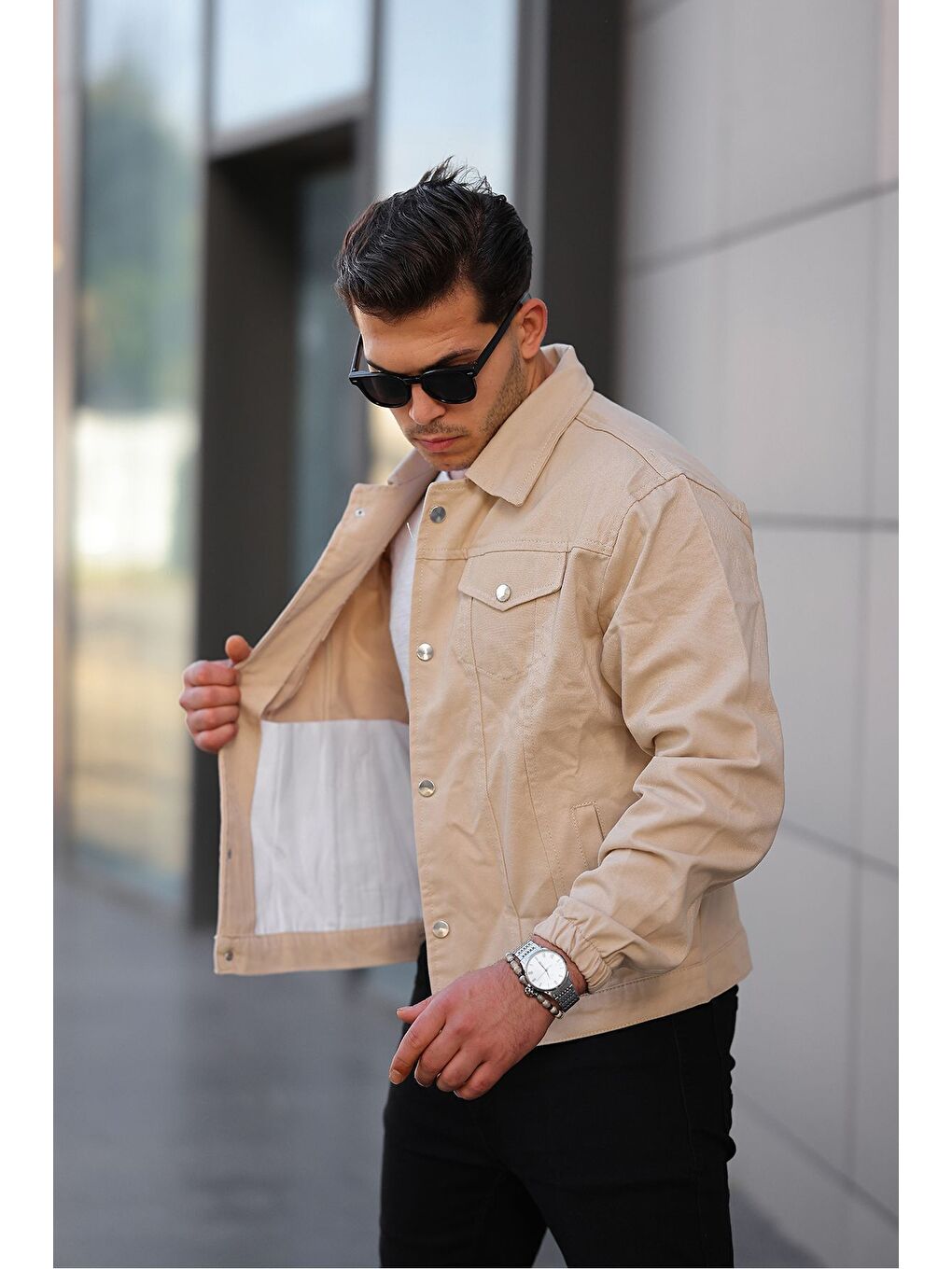 Bej Çıtçıtlı Oversize Jean Ceket-1