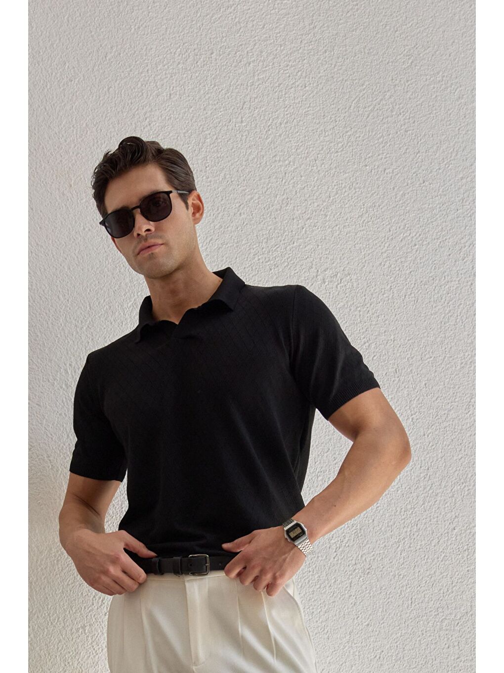 Siyah Onor Erkek Kendinden Desenli Polo Yaka Triko Tişört Geniş Kalıp Hafif Doku-6