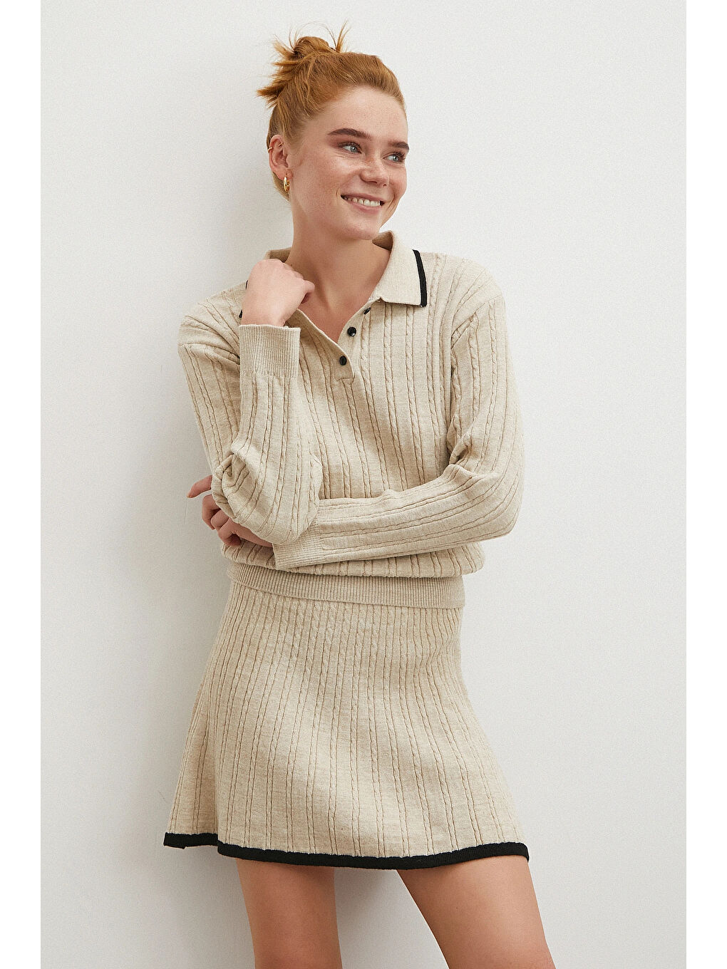 Polo Yaka Etekli Takım Ekru-3