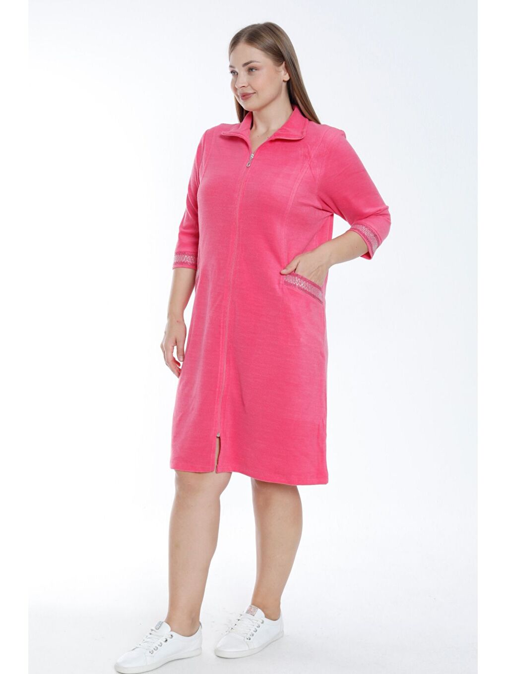 Pembe Kadın Turkuaz Truvakar Kollu Taş Detaylı Cepli Pamuklu Havlu Büyük Beden Elbise-1