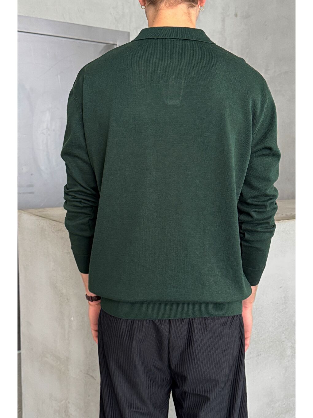 Yeşil Erkek Pamuklu Polo Yaka Oversize Triko Kazak-3