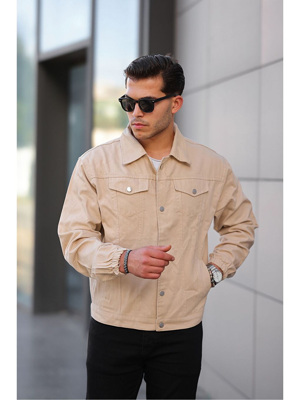 Bej Çıtçıtlı Oversize Jean Ceket-2