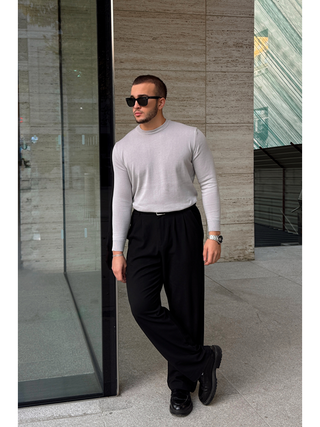 Gri Acton Erkek %100 Organik Pamuk Bisiklet Yaka Triko Kazak-5