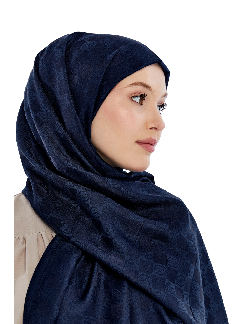 Lacivert Monogram Dama Desen Şal-2