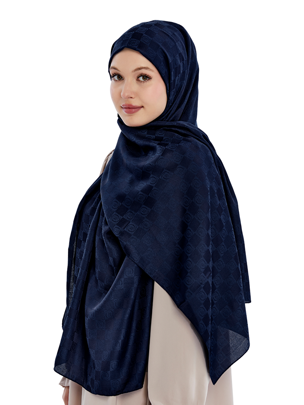 Lacivert Monogram Dama Desen Şal-3