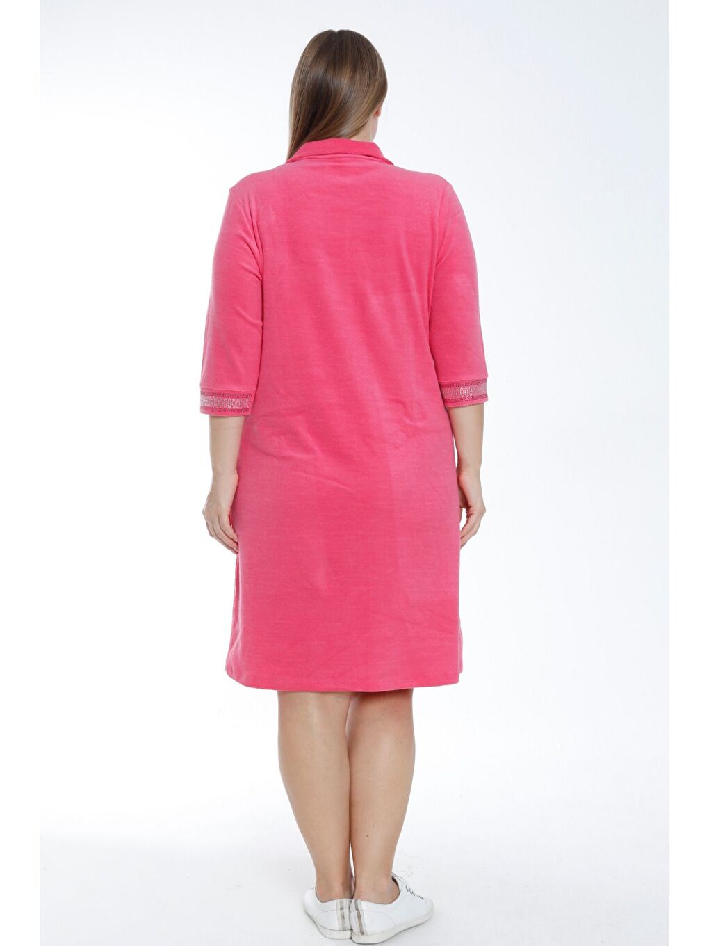 Pembe Kadın Turkuaz Truvakar Kollu Taş Detaylı Cepli Pamuklu Havlu Büyük Beden Elbise-3