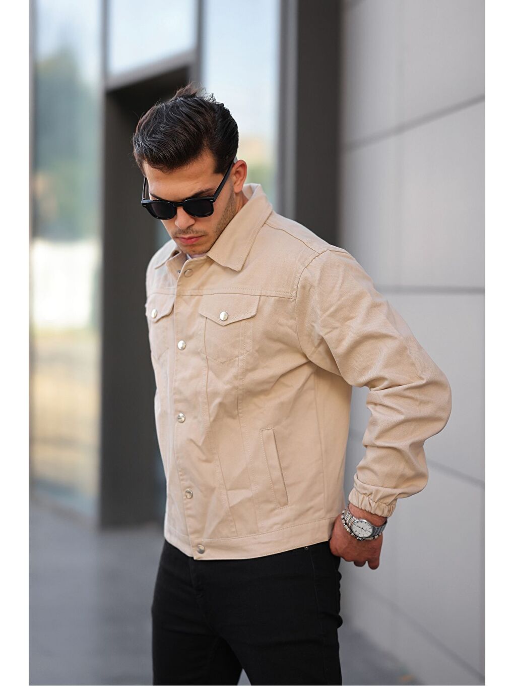 Bej Çıtçıtlı Oversize Jean Ceket-3