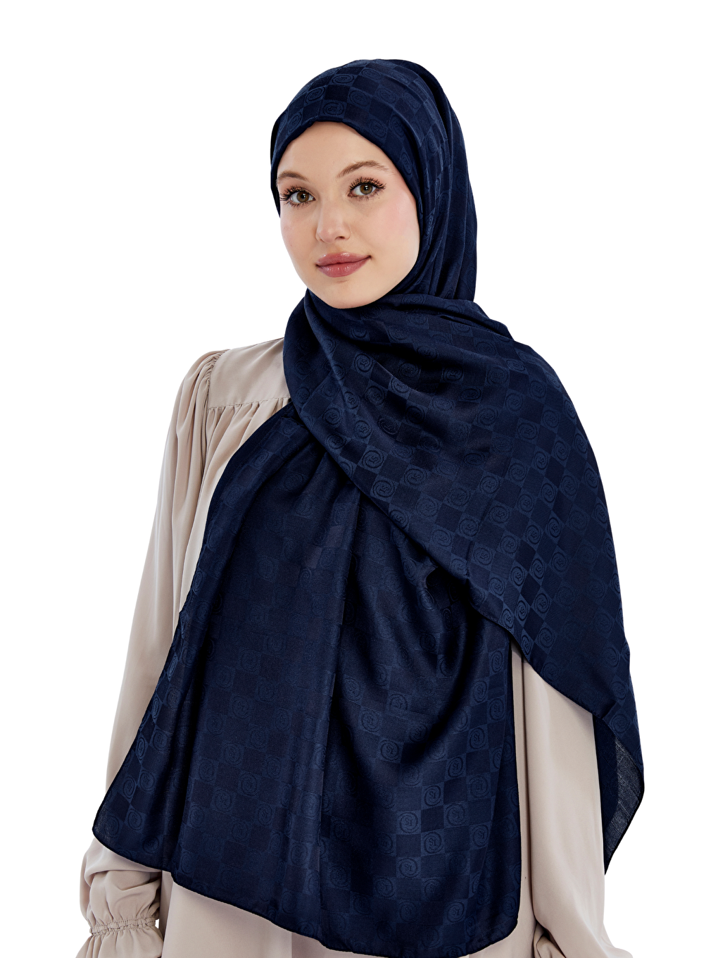 Lacivert Monogram Dama Desen Şal-4