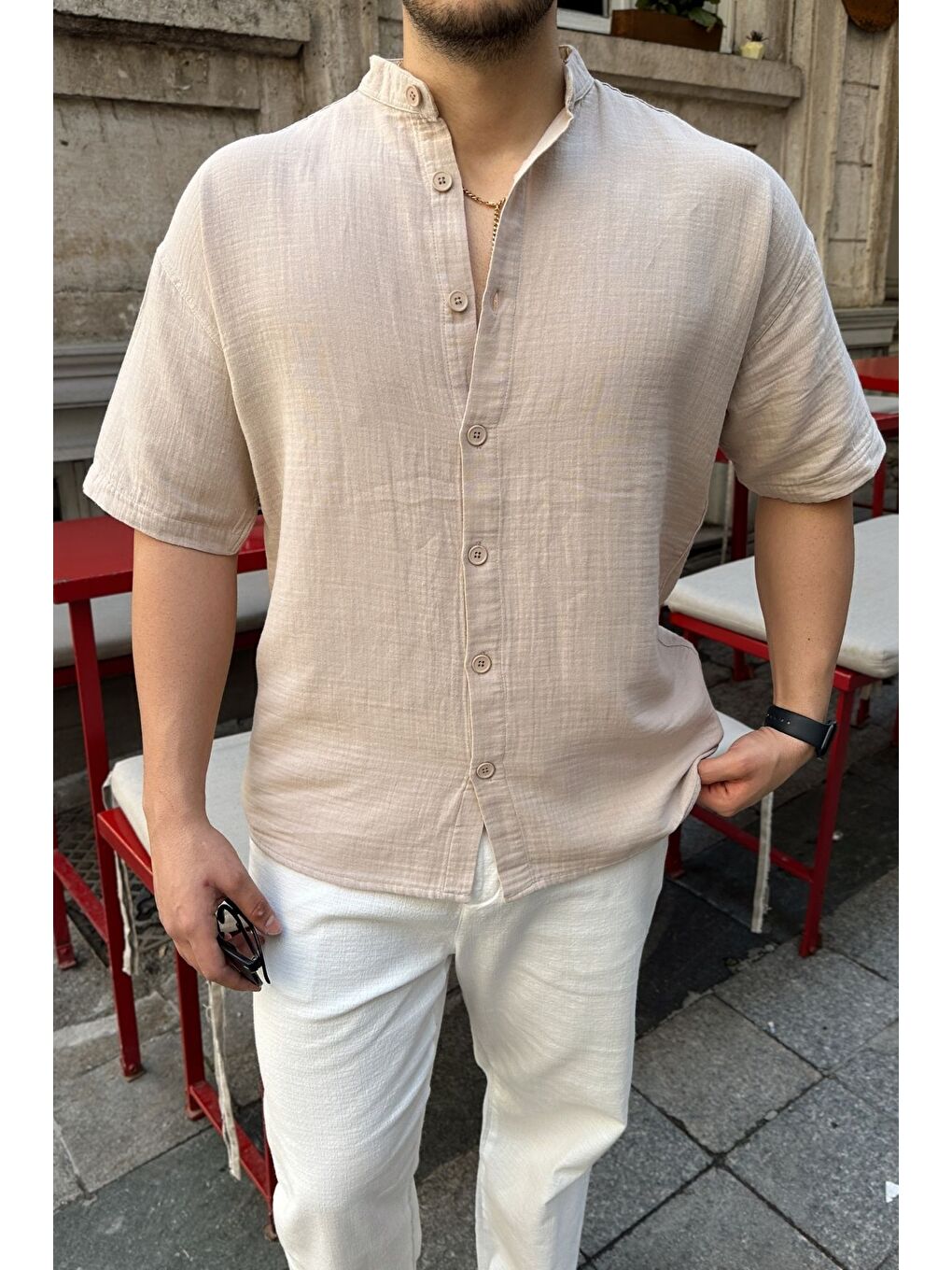 Bej Mingan Erkek Yazlık Pamuk Gömlek Hakim Yaka kısa kol Düğmeli Rahat Kalıp-1