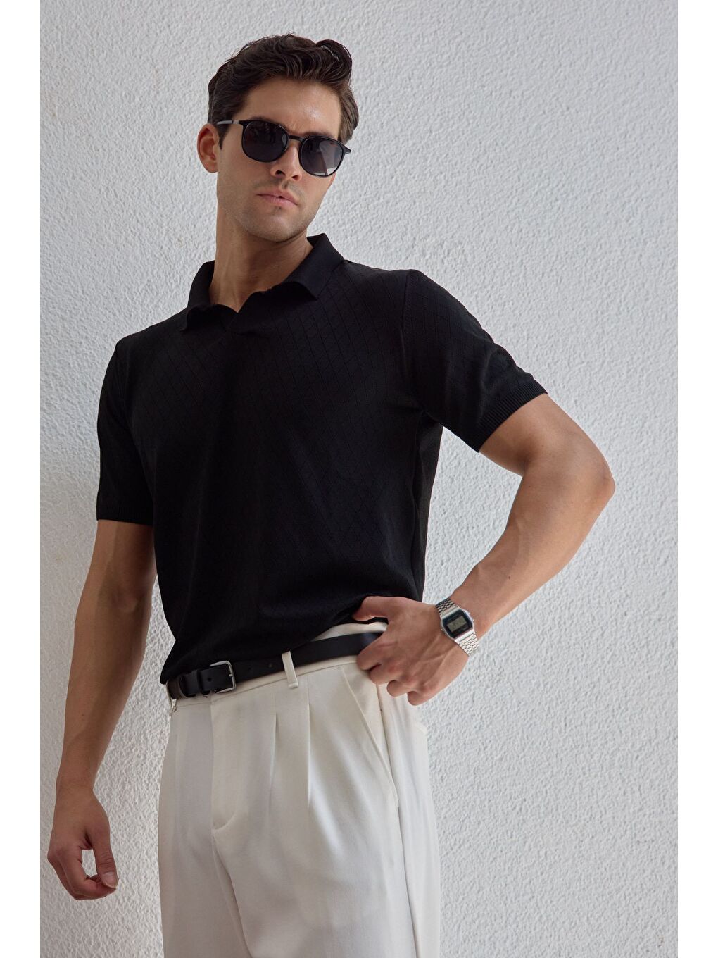 Siyah Onor Erkek Kendinden Desenli Polo Yaka Triko Tişört Geniş Kalıp Hafif Doku-7