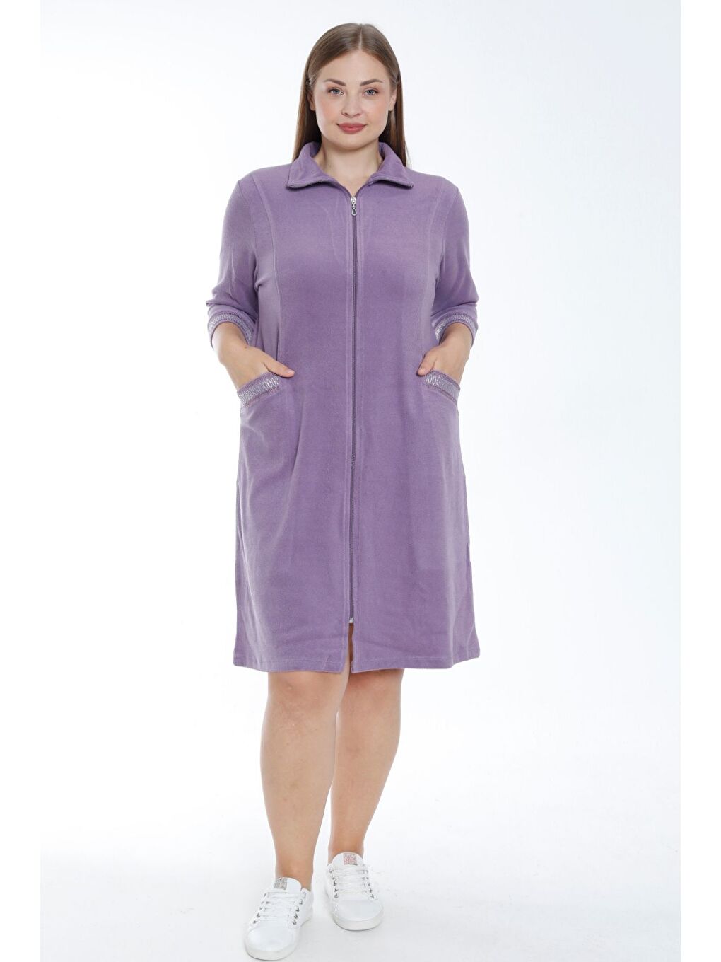 Mor Kadın Turkuaz Truvakar Kollu Taş Detaylı Cepli Pamuklu Havlu Büyük Beden Elbise