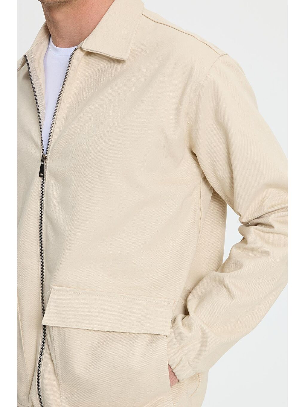 Bej Erkek Relax Fit Rahat Kesim Çift Cep Kapaklı Fermuarlı Beli Lastikli Düz Ceket-2