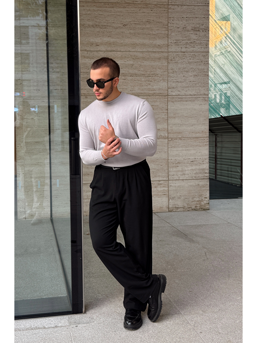 Gri Acton Erkek %100 Organik Pamuk Bisiklet Yaka Triko Kazak-7