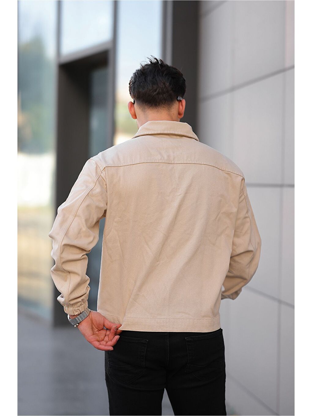 Bej Çıtçıtlı Oversize Jean Ceket-4