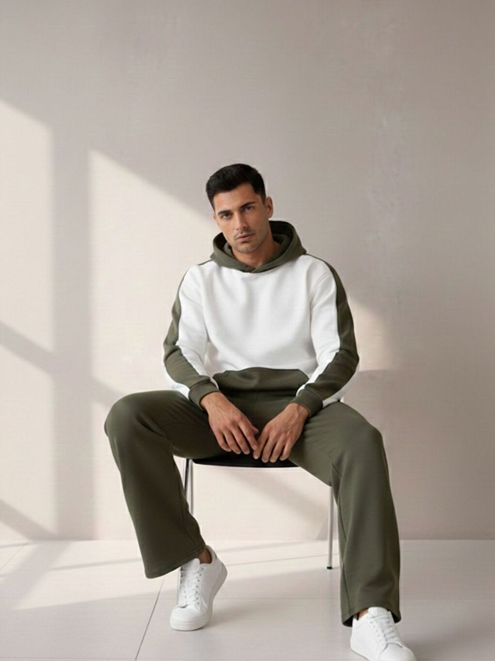 Erkek Haki Beyaz Bol Kalıp Alt Üst Yanı Şeritli Eşofman Takımı-1