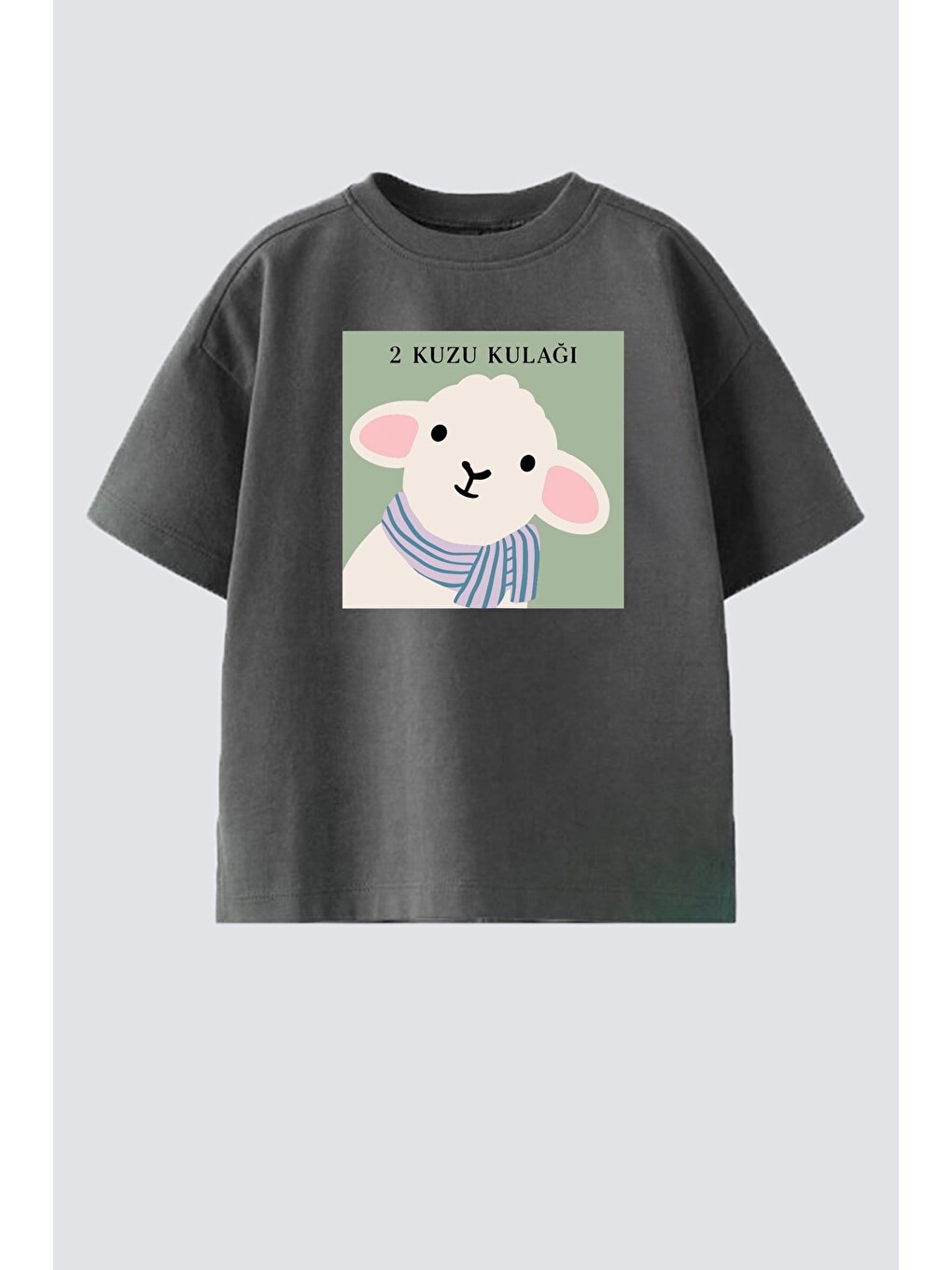 Antrasit Unisex Çocuk Pamuklu Bisiklet Yaka Kuzu Kulağı Baskılı T-Shirt