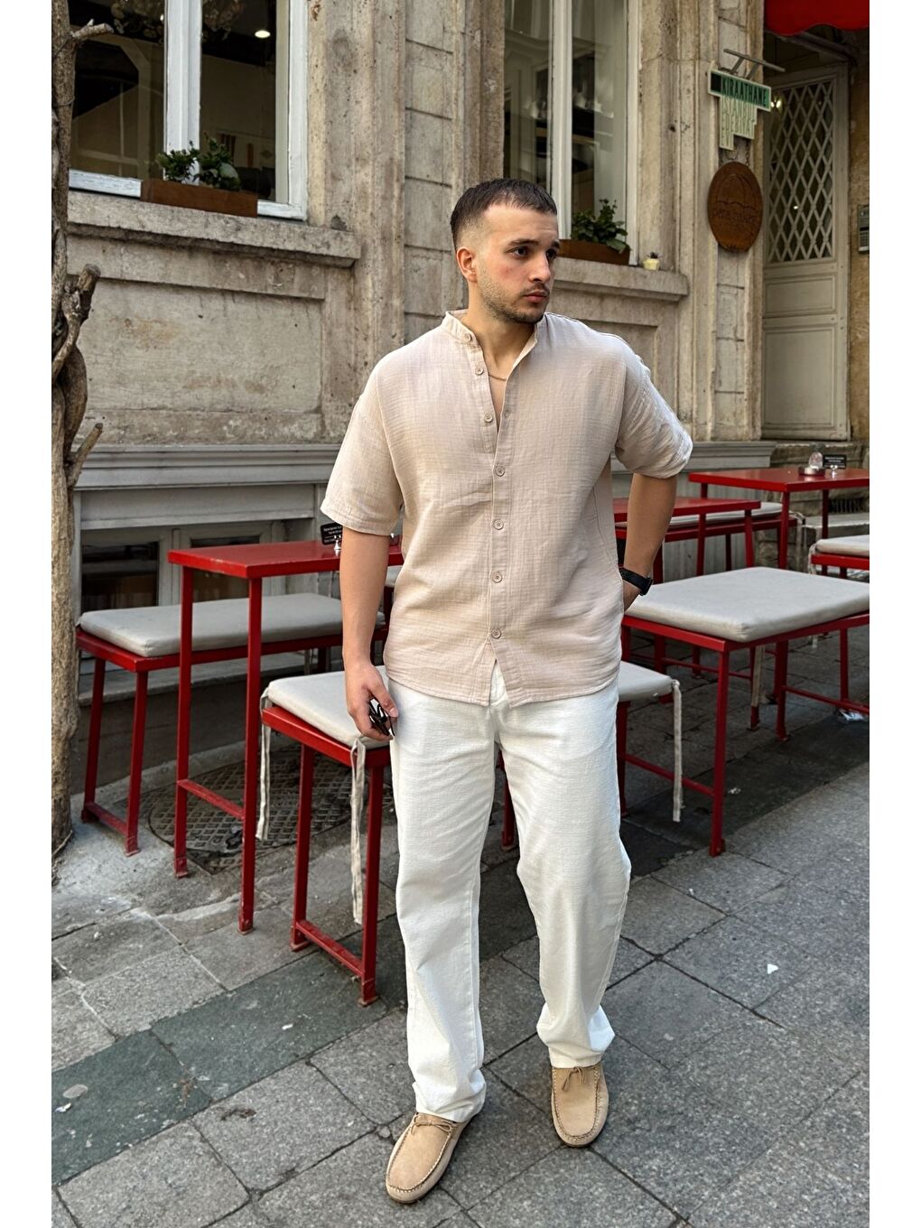 Bej Mingan Erkek Yazlık Pamuk Gömlek Hakim Yaka kısa kol Düğmeli Rahat Kalıp-2
