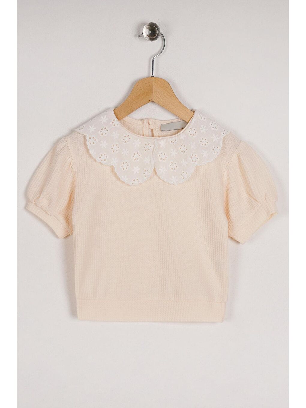 Ekru Bebe Yaka Dantelli Mini Kareli Kız Çocuk Tişört