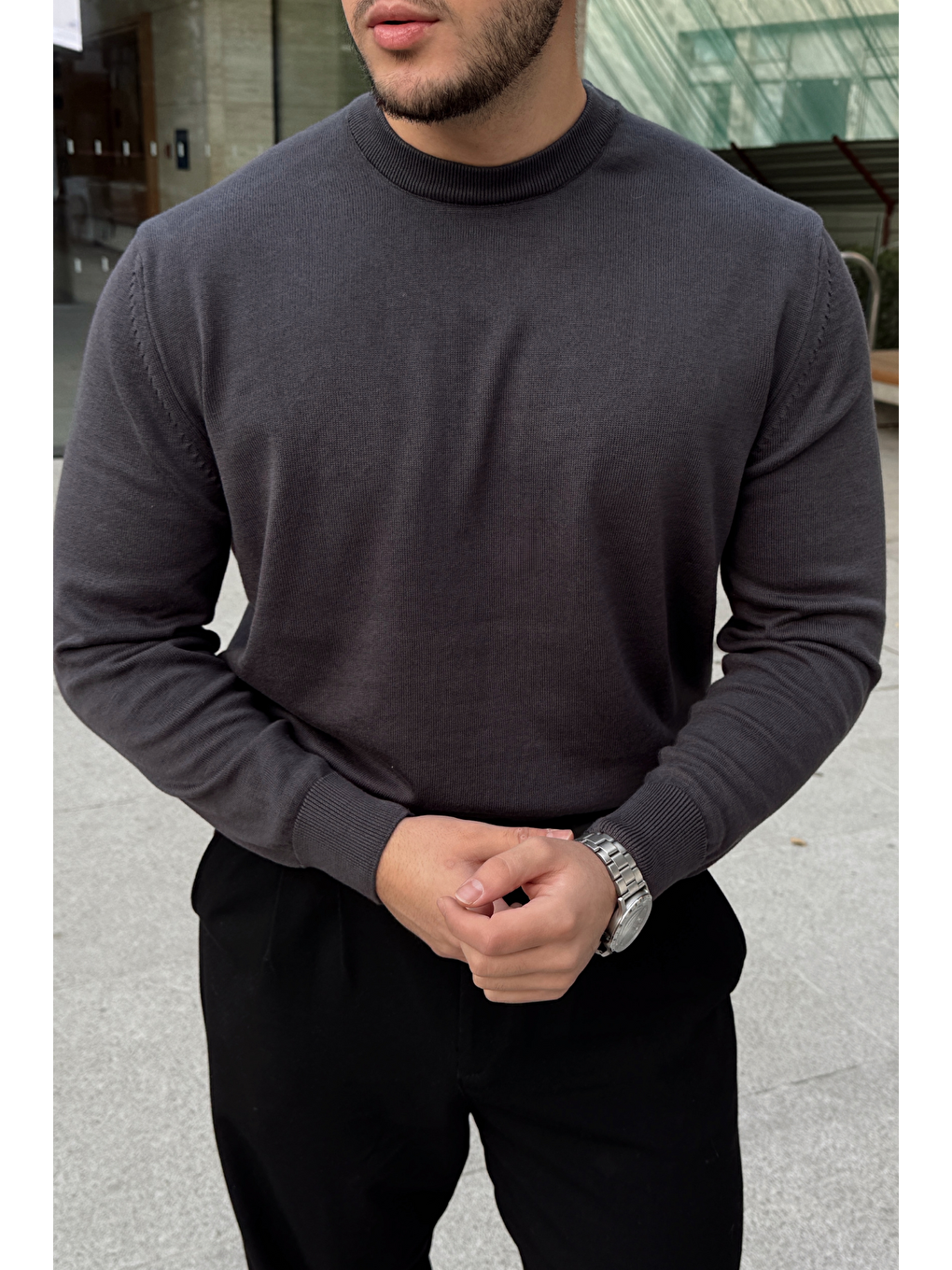 Antrasit Acton Erkek %100 Organik Pamuk Bisiklet Yaka Triko Kazak-6