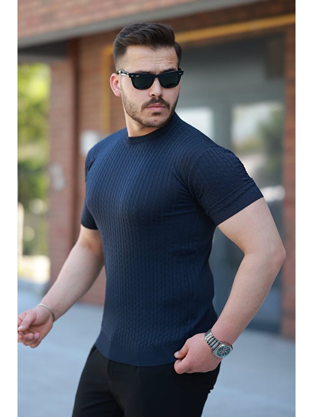 Lacivert Erkek Bisiklet Yaka örgü Desenli Kısa örme Triko Kısa Kollu T-shirt-1