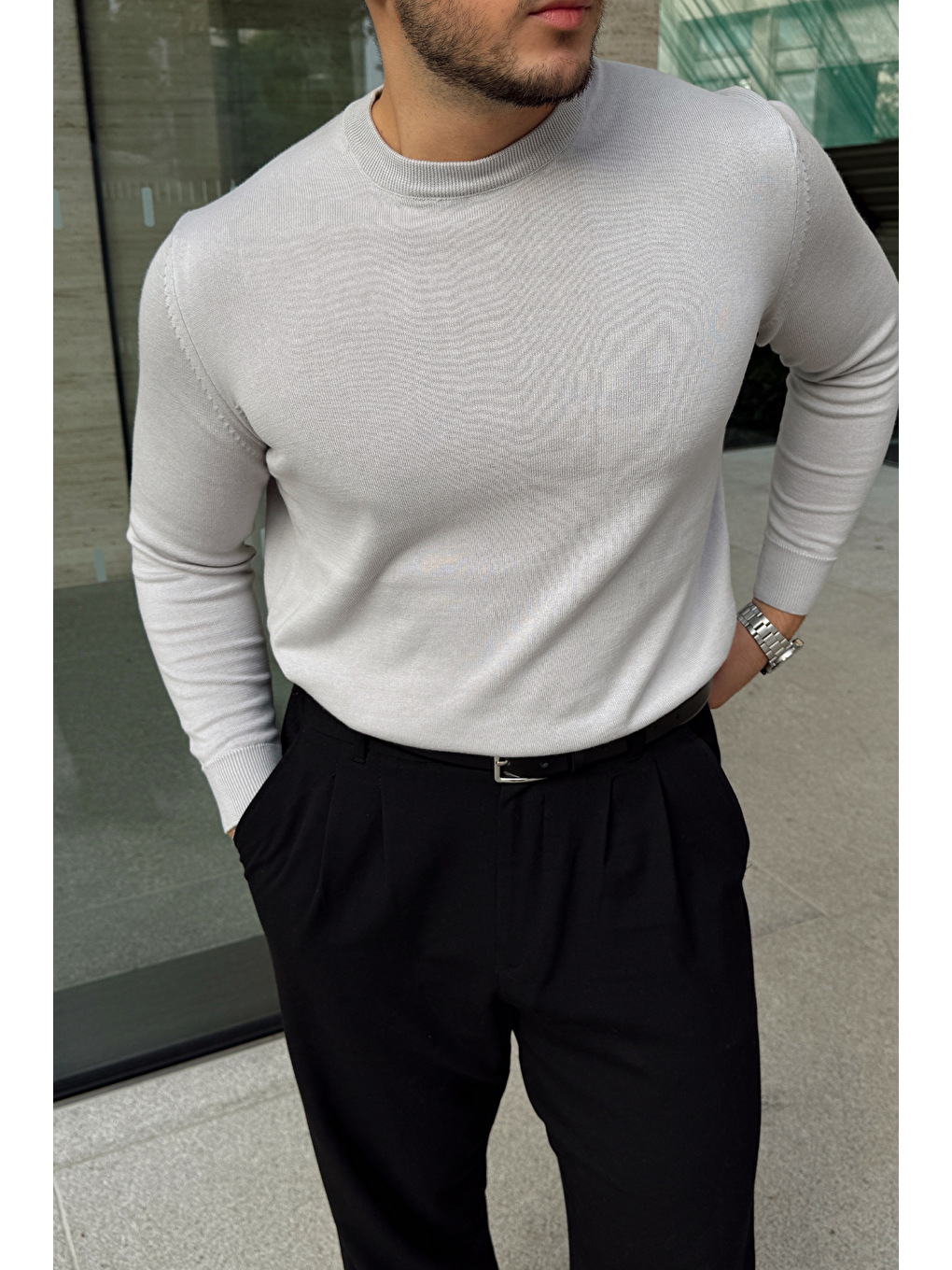 Gri Acton Erkek %100 Organik Pamuk Bisiklet Yaka Triko Kazak-8