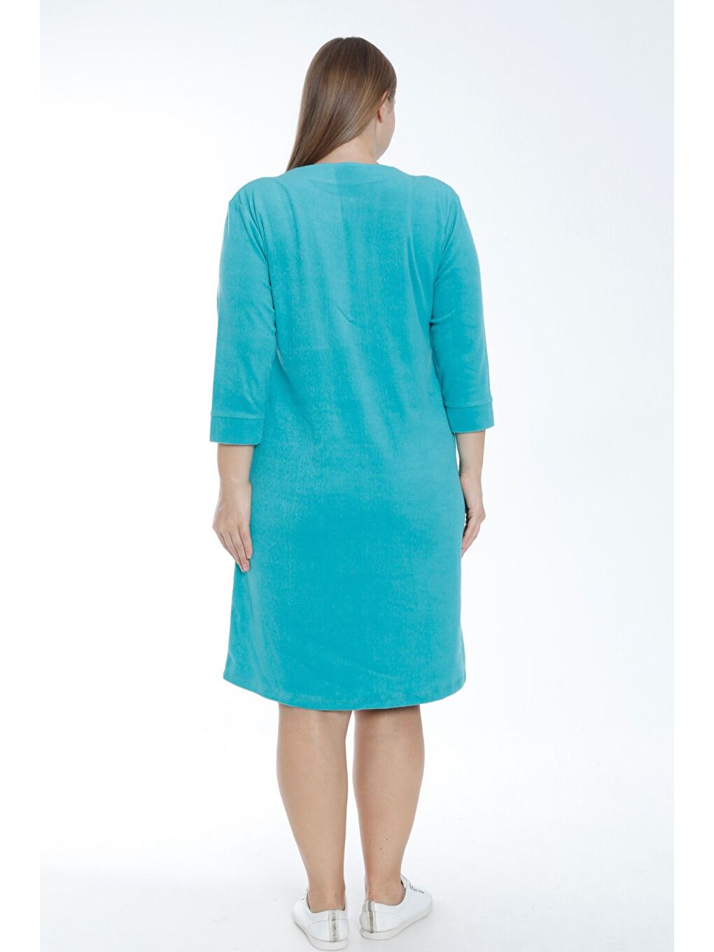 Kadın Turkuaz Fermuarlı Truvakar Kollu Cepli Biyeli Taşlı Pamuklu Havlu Büyük Beden Elbise-3
